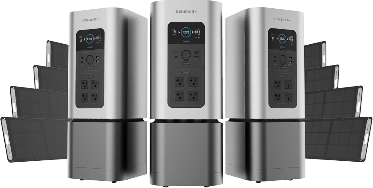 Generark Solar Generator for Homes & RVs: Three (3) HomePower 2 PLUS Backup Battery Power Stations & Eight (8) All-Weather Portable Solar Panels. 2200W – 4400W at 110V, 2060Wh. Up to 7 Days of Emergency and Reliable Power. 12 AC Power Outlets. 12 USB