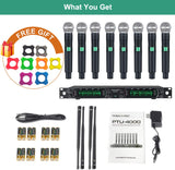 Wireless Microphone System, Phenyx Pro 8-Channel UHF Cordless Mic Set with Eight Handheld Mics, Fixed Frequency, All Metal Build, Long Range 260ft, Ideal for Karaoke,Church,Events (PTU-4000A)