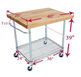 2 Tier Gourmet Cart with 26 Deep x 40 Wide Maple Butcher Block Top