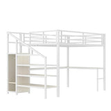 SOFTSEA Queen Size Metal Loft Bed with L-Shaped Desk and Wardrobe, Metal Bed Frame with USB and Adjustable Shelf, High Loft Bed with LED for Bedroom, No Box Spring Needed, White Wood Grain