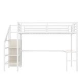 SOFTSEA Queen Size Metal Loft Bed with L-Shaped Desk and Wardrobe, Metal Bed Frame with USB and Adjustable Shelf, High Loft Bed with LED for Bedroom, No Box Spring Needed, White Wood Grain