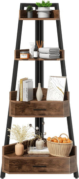 Elsie&Mi 55.1 Inch Tall Corner Shelf, 4-Tire 2 Drawers Corner Cabinet, Storage Rack for Living Room, Office, Kitchen, Basement, Bedroom, Rustic Brown