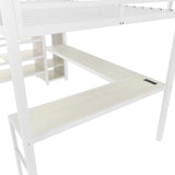 SOFTSEA Queen Size Metal Loft Bed with L-Shaped Desk and Wardrobe, Metal Bed Frame with USB and Adjustable Shelf, High Loft Bed with LED for Bedroom, No Box Spring Needed, White Wood Grain
