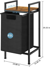 Black Laundry Hamper Basket with Removable Bag and Brown Wood Shelf