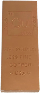 Unique Metals 5 Pound Copper Bar Bullion with Element Design – .999 Pure