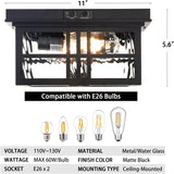 Industrial Motion Sensor Outdoor Flush Mount Ceiling Light, Water Ripple Glass Square Black 2-Light Ceiling Lamp for Porch, Entryway, and Garage, Timer and Sensitivity Adjustable