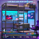 DICTAC Twin Loft Bed with L-Shaped Desk,Storage Shelves and Charging Station Metal Loft Bed Twin Size with LED Lights,Coat Rack with Drawers and Stair,Top Bunk with Safety Guardrail for Teen,Black